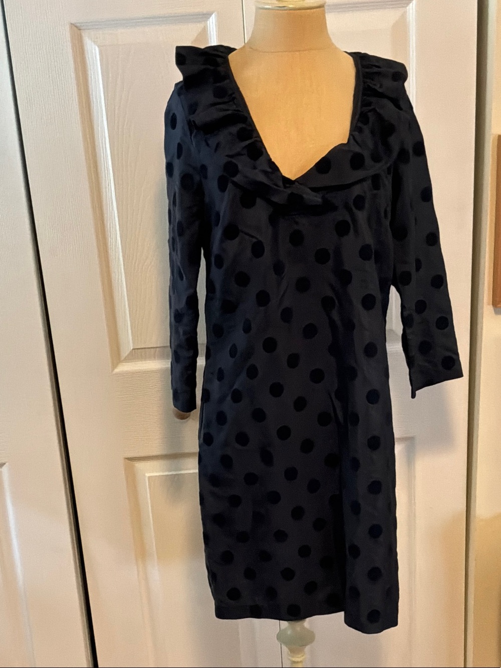 Devon Baer Polka Dot Ruffle Collar Long Sleeve Dress - Navy